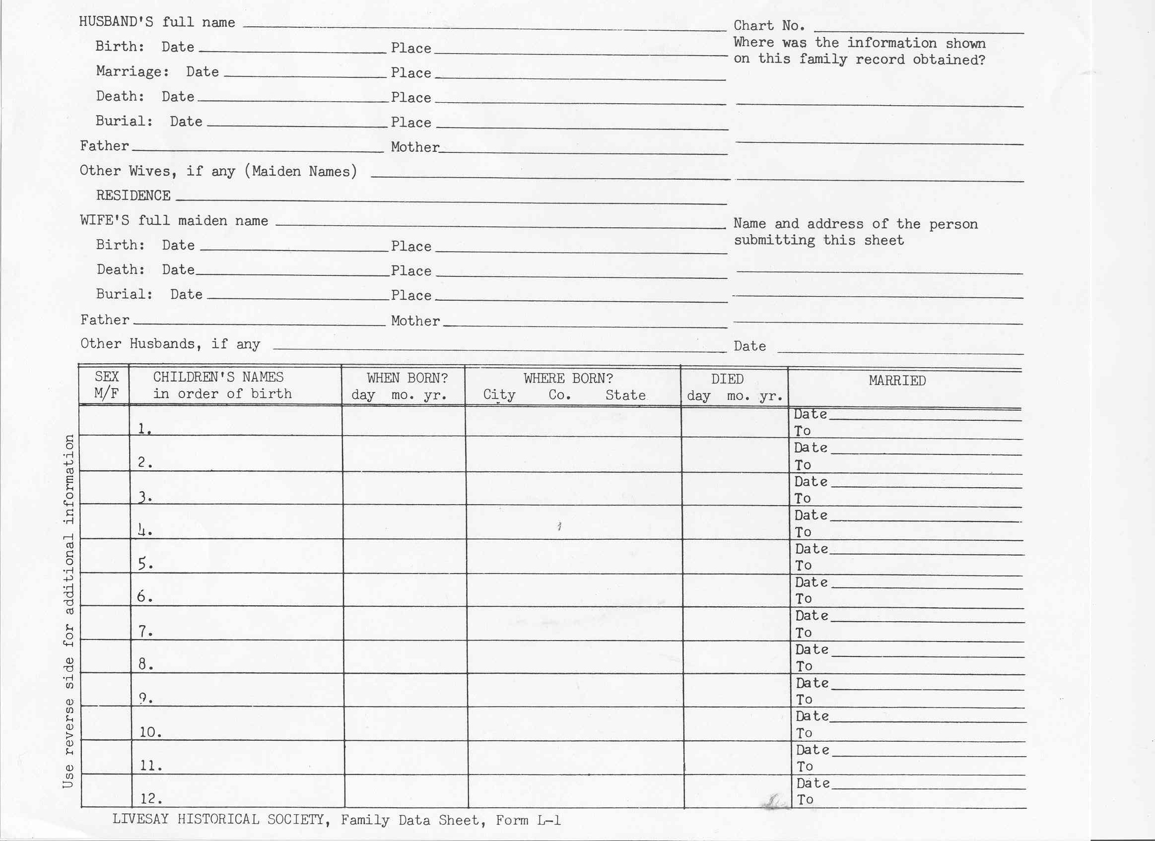 Historic genealogy listing worksheet