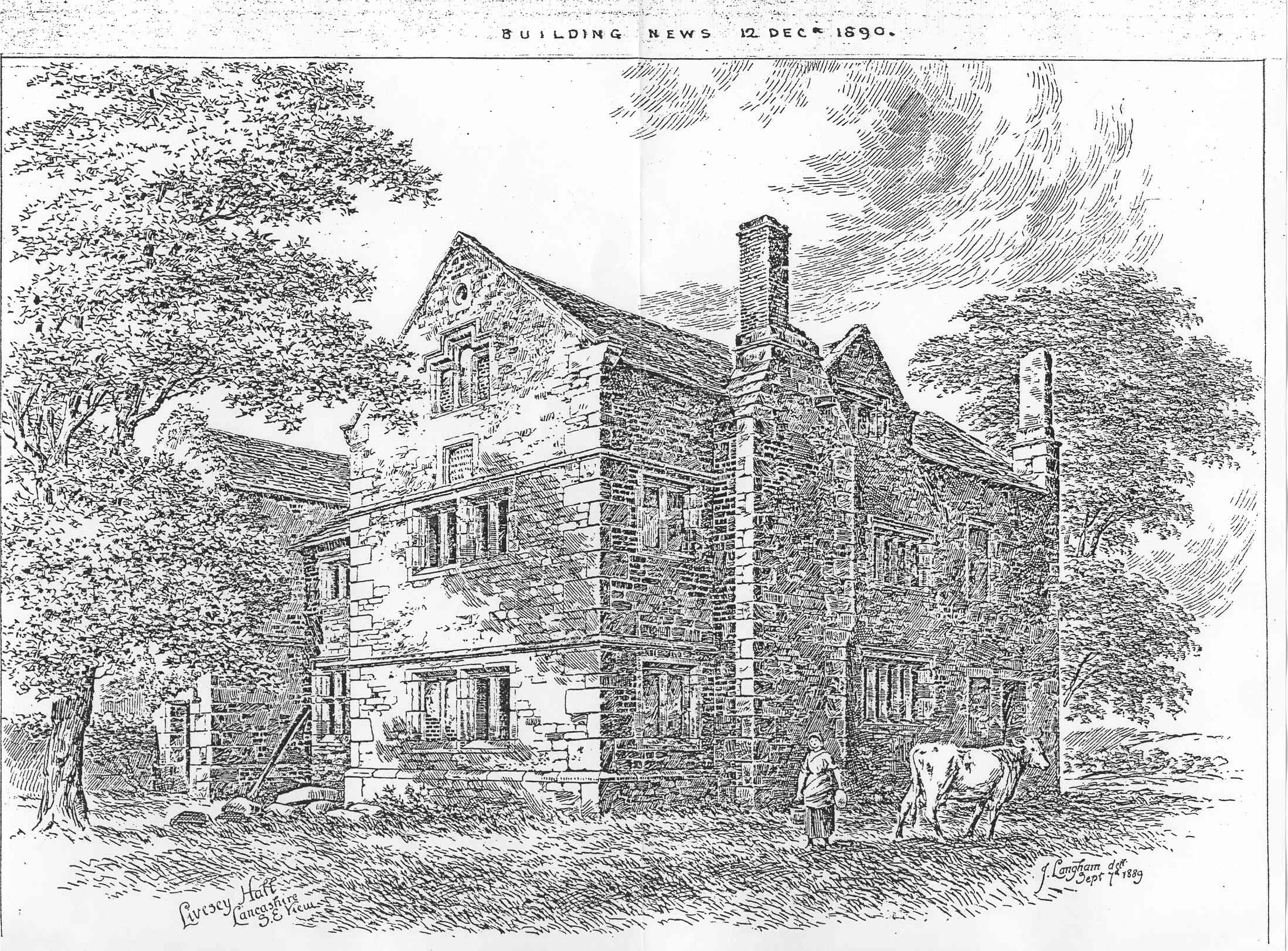 Historic 1889 drawing of Livesey Old Hall in Lancashire