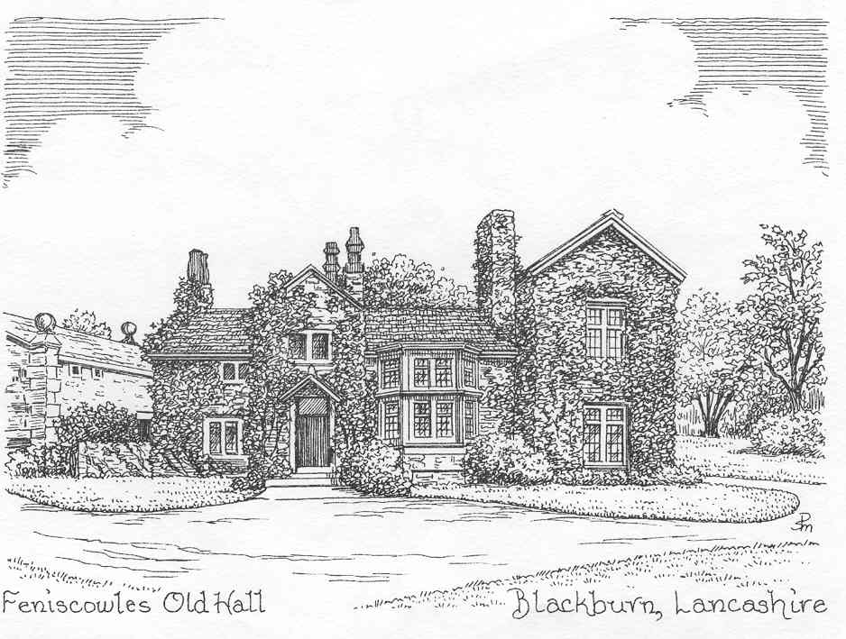 Historic drawing of Feniscowles Old Hall near Blackburn